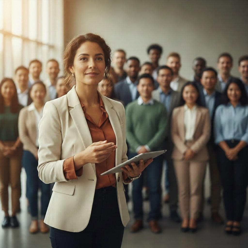 A focused Latina woman stands in the foreground with a blurred, diverse crowd behind her.